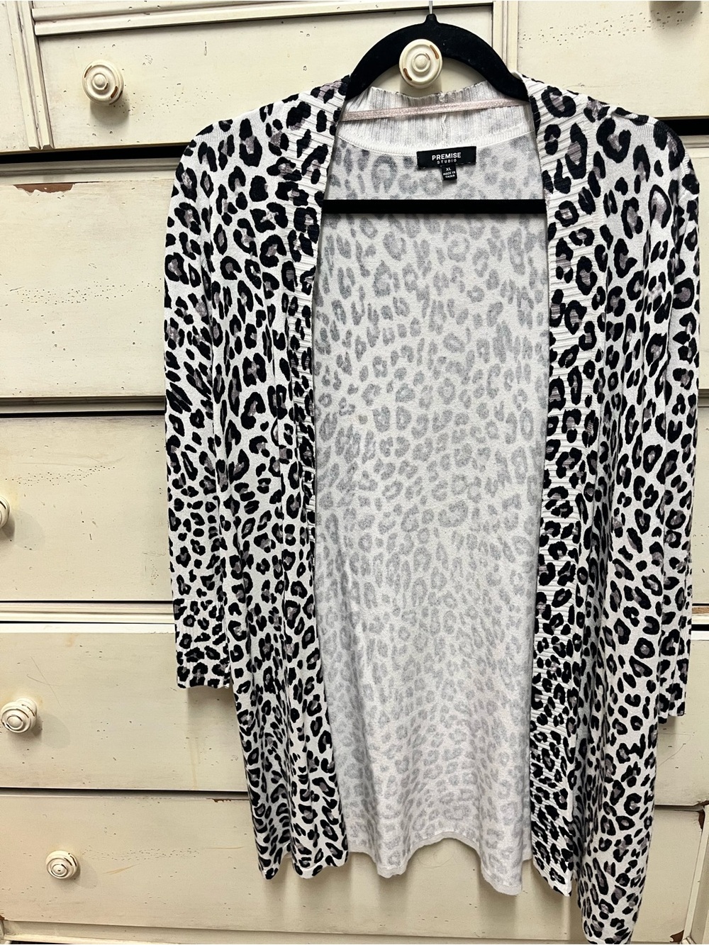 Premise Black & White Leopard Print Open-Front Cardigan Quarter Sleeve